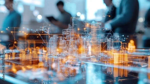 Fototapeta A visually striking nighttime cityscape featuring a futuristic skyline of illuminated technologically advanced high rise buildings and sleek innovative architectural designs