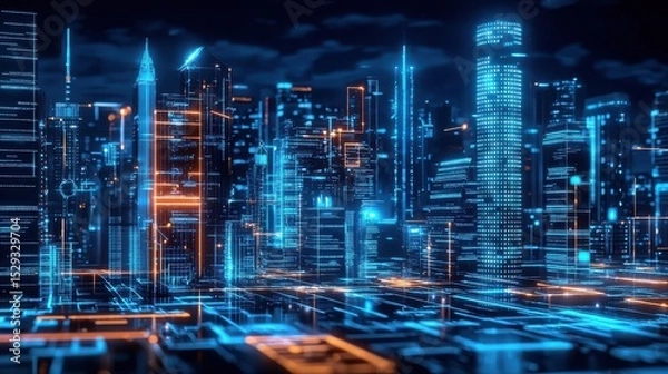 Fototapeta This dynamic high tech nightscape depicts a modern digitally powered metropolis with vibrant glowing skyscrapers and a grid like layout of infrastructural elements