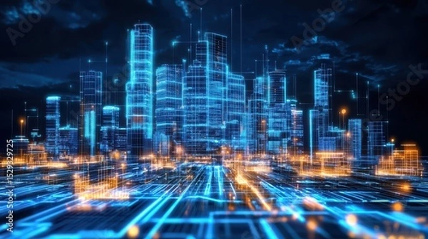 Fototapeta A dynamic high tech cityscape with towering skyscrapers and illuminated transportation networks representing the potential of future urban development and innovation