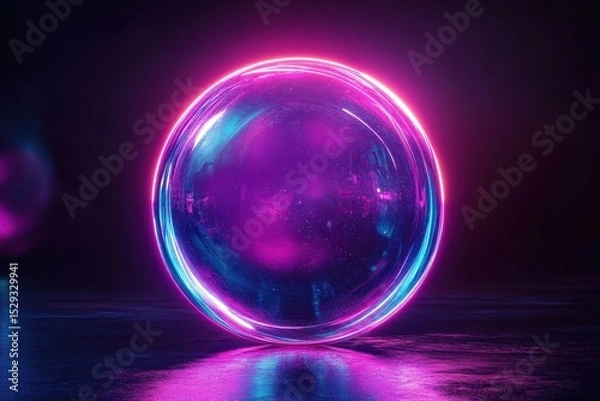 Fototapeta Glowing sphere with pink and blue neon lights, resting on a wet surface. It's great for technology, futuristic, and abstract background designs.
