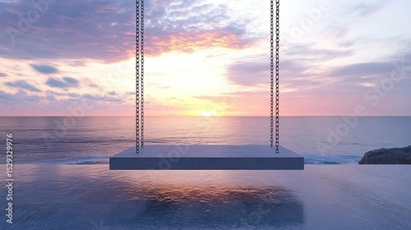 Fototapeta Ocean Swing at Sunset“ A tranquil concrete swing overlooking the ocean at sunset, evoking relaxation