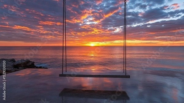 Fototapeta Ocean Swing at Sunset“ A tranquil concrete swing overlooking the ocean at sunset, evoking relaxation