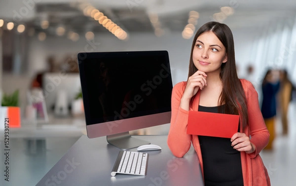 Fototapeta Young white woman in office holding red envelope and looking thoughtful beside desktop computer. Concept of career goals, planning future decisions, and professional development.