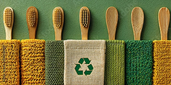Obraz Bamboo Toothbrushes with Recycled Cloths on Green Background