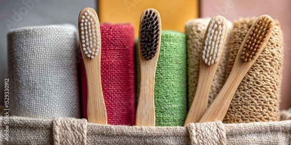 Obraz Colorful Rolled Towels and Bamboo Toothbrushes in a Natural Basket