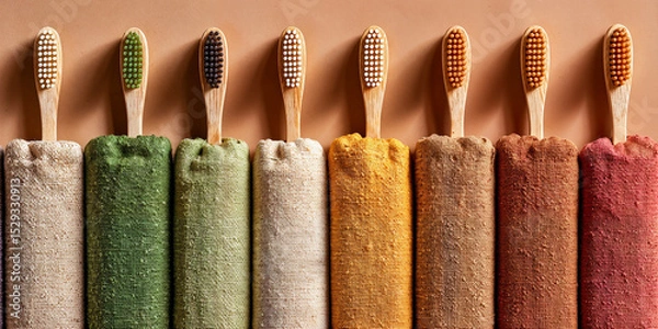 Obraz Colorful Bamboo Toothbrushes and Fabric Rolls in a Line