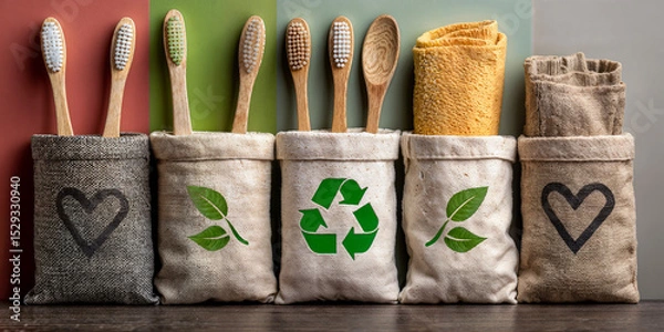 Obraz Eco Toothbrush Collection in Linen Pouches with Recycling Symbol