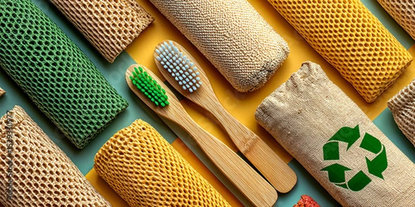 Obraz Sustainable Bathroom Set with Bamboo Toothbrushes and Mesh Cloths