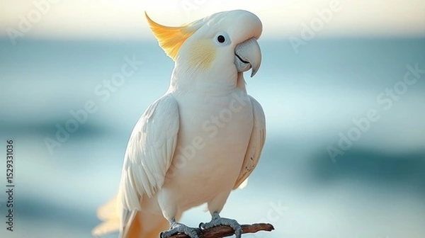 Fototapeta A Sulphur-crested Cockatoo perched on a branch near the ocean
