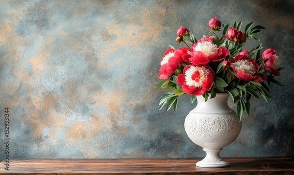 Fototapeta Red and white peonies in a white vase on a wooden table against a textured background