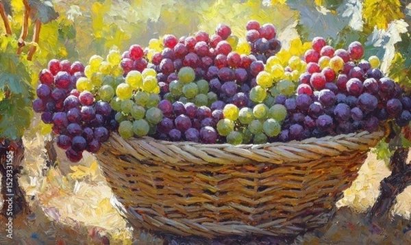 Fototapeta Sunlit basket overflowing with red and green grapes