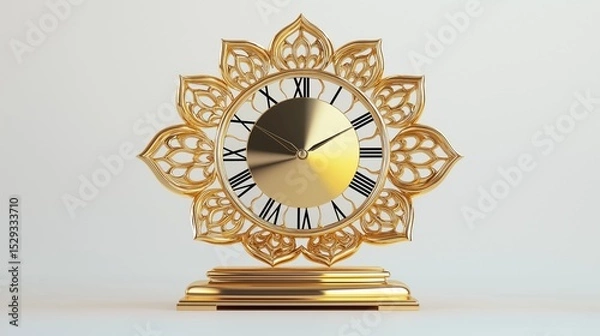 Fototapeta A stunning golden ornamental table clock with an intricate openwork floral backplate, resembling a blooming flower with petal-shaped cutouts.