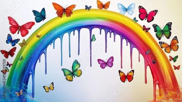 Fototapeta A stunning abstract painting with a gracefully curved rainbow arching across the canvas, radiating smooth, saturated transitions between colors. Beneath the arc.