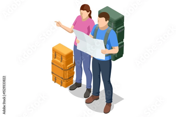 Obraz Isometric illustration of two backpackers with trekking poles studying a large topographic map dotted with location pins, planning their hiking adventure.