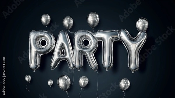 Fototapeta A stylish digital vector design featuring the word "PARTY" written in metallic silver foil balloons, floating with a shiny, reflective chrome-like finish. 