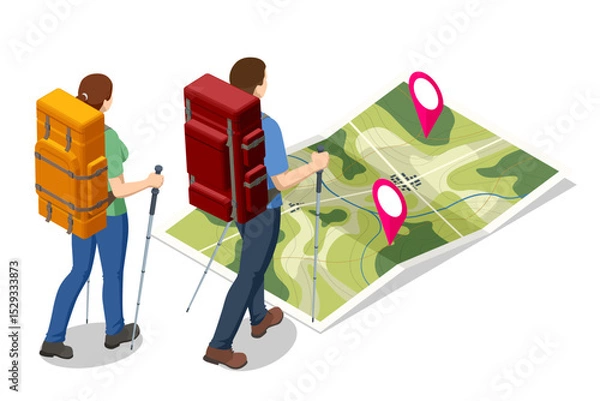 Obraz Isometric illustration of two backpackers with trekking poles studying a large topographic map dotted with location pins, planning their hiking adventure.