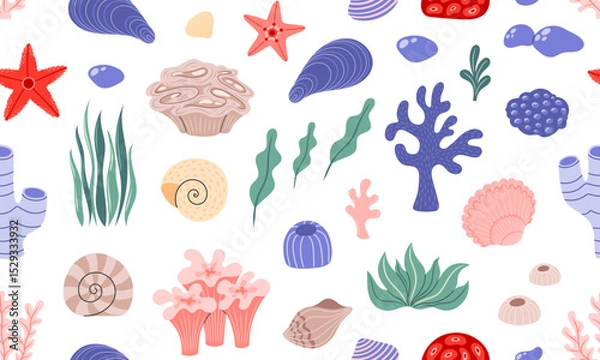 Fototapeta Seamless pattern Coral, seaweed and sea shells. Ocean exotic background with underwater seashells, plants, tropical coral-reef, starfish. Hand drawn vector illustration 