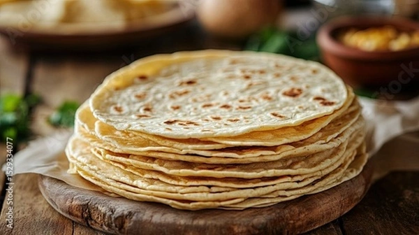 Fototapeta Neatly stacked tortillas placed on a wooden table. 