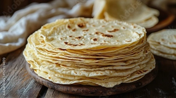 Fototapeta Neatly stacked tortillas placed on a wooden table. 