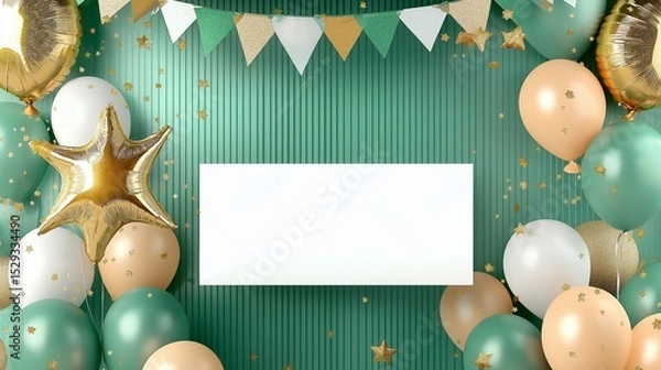 Fototapeta A vibrant and cheerful birthday celebration background with a blank white rectangular space in the center, providing an area for personalized text or design.