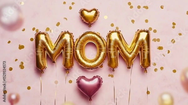 Fototapeta A vibrant scene with golden foil balloons spelling out "MOM" and a heart-shaped balloon, floating in a soft pink environment. Light confetti adds a festive touch to the image, while the shiny balloons