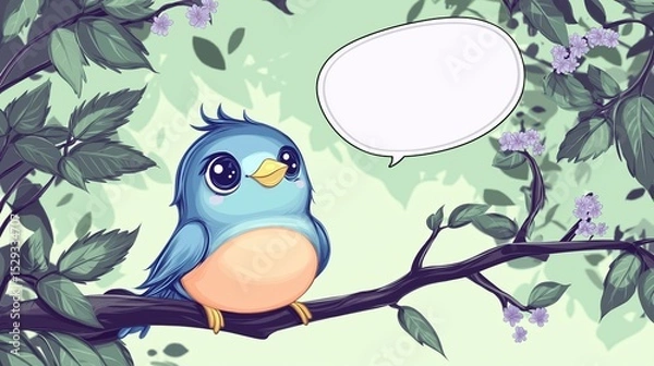 Fototapeta A whimsical classroom design featuring a sky blue bird with a soft peach belly, a tiny yellow beak, and big expressive eyes, sitting on a dark brown tree branch.