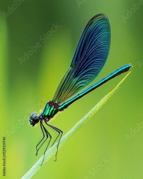 Fototapeta A stunning dragonfly rests gracefully on a green blade of grass. Its vibrant wings shimmer in the light. Nature captures beauty in motion. Generative AI