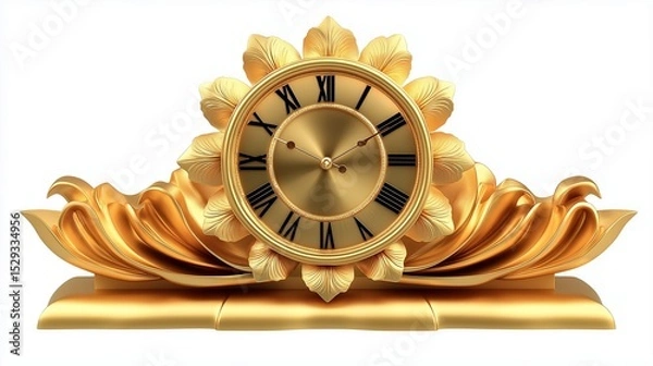 Fototapeta An artistic golden table clock with a mesmerizing floral-inspired frame, composed of symmetrical petal-like curves encircling a central reflective dial. 