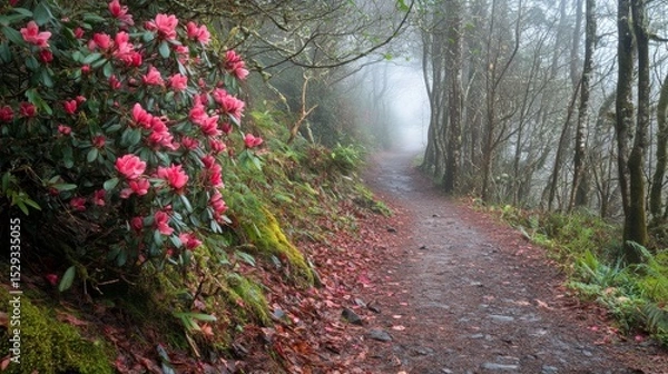 Fototapeta A tranquil path nestled in the woods invites exploration. Mist shrouds the vibrant flowers enhancing the serene scene. Nature awaits your adventure. Generative AI