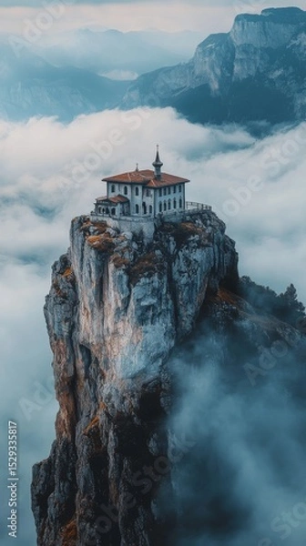 Fototapeta A surreal mountain retreat stands majestically above the clouds. A stunning representation of isolation and serenity. Nature and architecture unite perfectly here. Generative AI