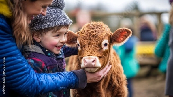 Fototapeta A joyful child interacts with a friendly calf at a farm. The bond between human and animal is evident. A heartwarming scene of innocence and connection. Generative AI