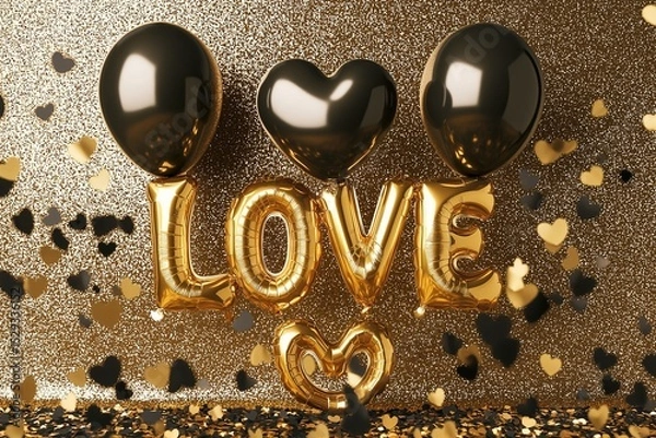 Fototapeta Metallic gold foil balloons forming the word "LOVE," with a heart balloon as the "O," floating against a shimmering gold and black gradient background. 