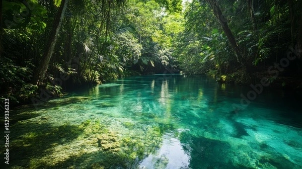 Fototapeta Discover the tranquility of a serene tropical oasis. This stunning image captures the beauty of lush greenery and crystal-clear waters. Immerse yourself in nature. Generative AI