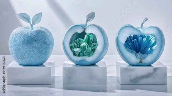 Fototapeta Three blue apple sculptures, each intricately designed with a rough textured surface and a cut-out center showcasing dazzling gemstone-like interiors. 