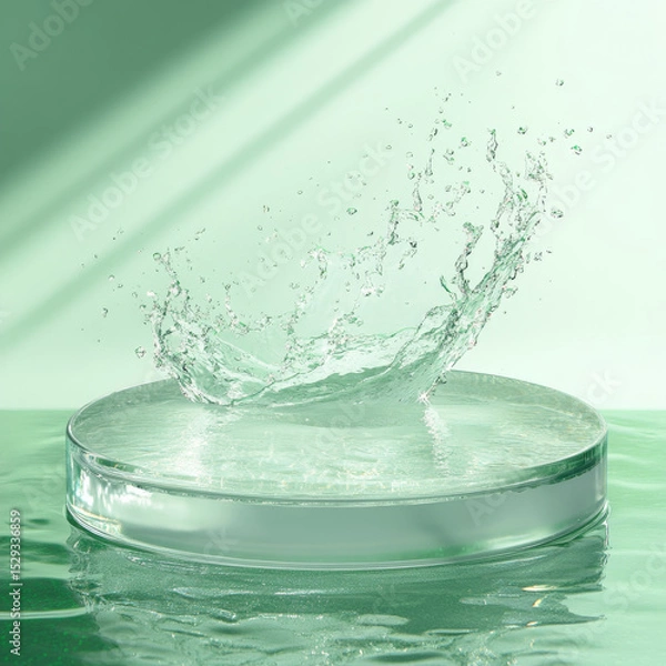 Fototapeta Empty Glass circle podium on transparent clear green water texture with splashes and waves in sunlight. Abstract nature background for product presentation. Flat lay cosmetic mockup.