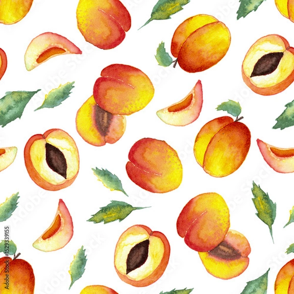 Fototapeta seamless pattern of watercolor whole and halved apricots on white background with leaves