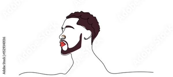 Fototapeta Continuous line drawing of an African American man on a white background. Profile illustration of a man with stylish beard and textured hair showcasing modern artistic design