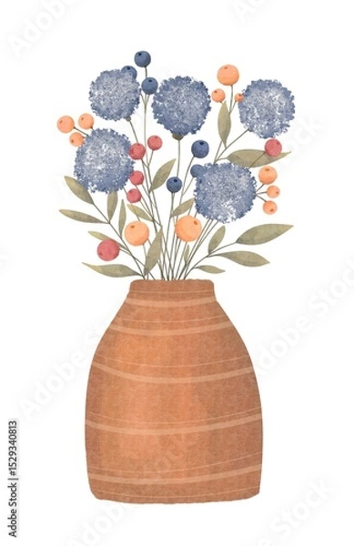 Fototapeta Decorative Flowers in Vases on White Background – Minimal Botanical Illustration