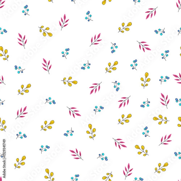 Fototapeta seamless pattern of red, yellow and blue leaves on white background hand drawn with colored pencils