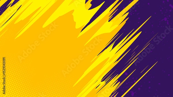 Fototapeta Purple background with yellow diagonal brush strokes and halftone dots.