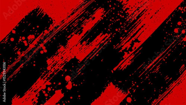 Fototapeta Red background with diagonal black brush strokes and scattered red drops.