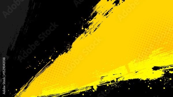 Fototapeta Yellow background with overlapping diagonal black brush strokes and halftone dots.