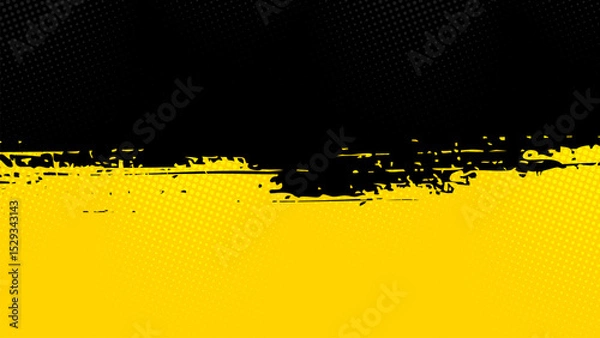 Fototapeta Yellow background with half area black brush strokes with halftone dots.