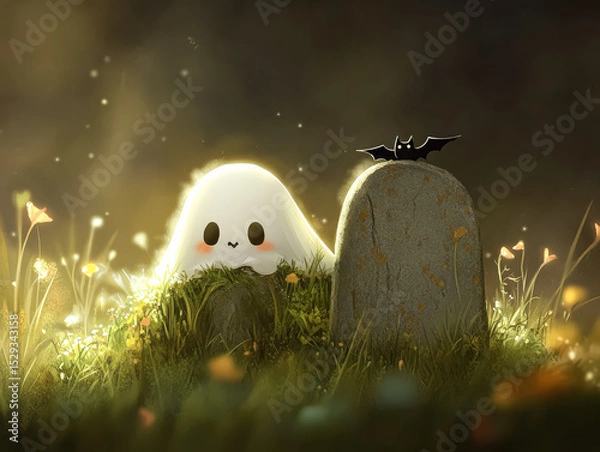 Fototapeta Cartoonish ghost is sitting on a grave stone. The ghost is smiling and has a happy expression. Scene is lighthearted and playful