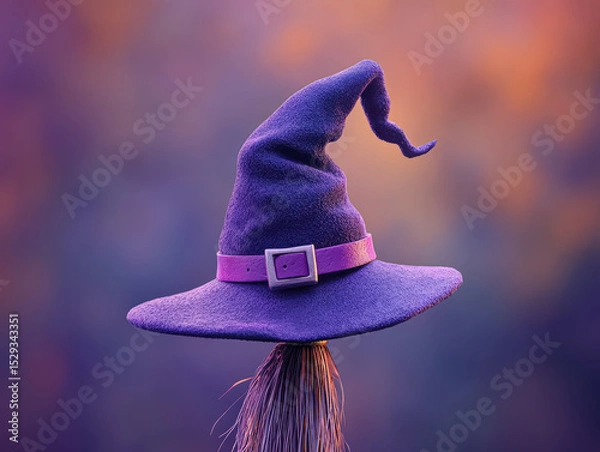 Fototapeta Purple witch hat with a purple ribbon on it. The hat is on a stick and is in front of a purple background