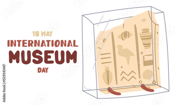 Fototapeta International Museum Day on May 18. part of an Egyptian plate with hieroglyphs on stand under glass. Flat color illustration for use in posters, articles, social media, science and history. Horizontal