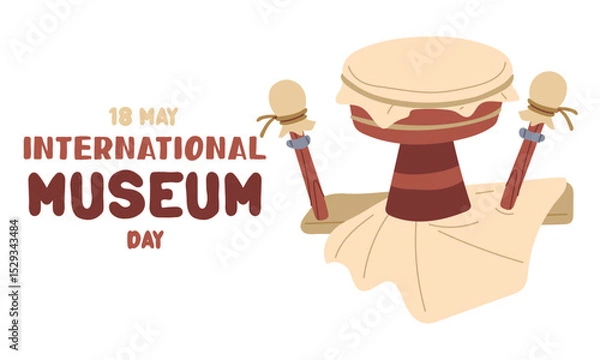 Fototapeta International Museum Day on May 18. An antique animal skin drum. Flat color illustration for use in posters, articles, and social media related to science and history. Horizontal banner