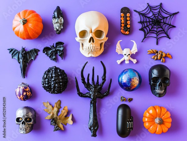 Fototapeta Collection of Halloween decorations including skulls, bats, and pumpkins. Scene is spooky and festive