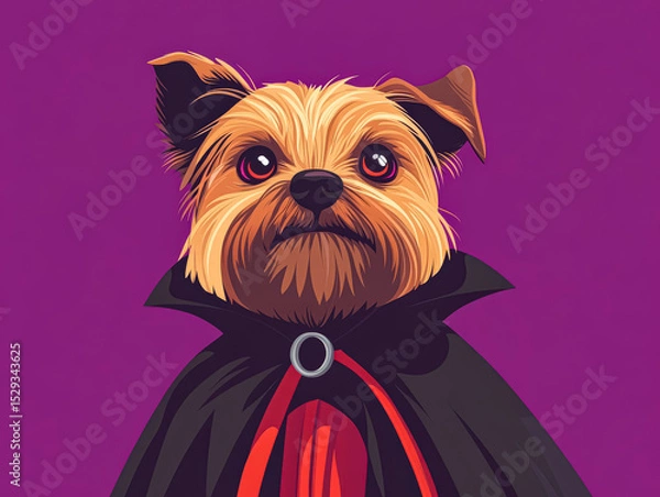 Fototapeta Small dog is wearing a cape and standing in front of a purple background. The dog is looking directly at the camera, giving the impression that it is a character from a horror movie or a comic book