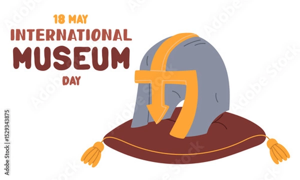 Fototapeta International Museum Day on May 18. Metal helmet on a pillow. Flat color illustration for use in posters, articles, and social media related to science and history. Horizontal banner